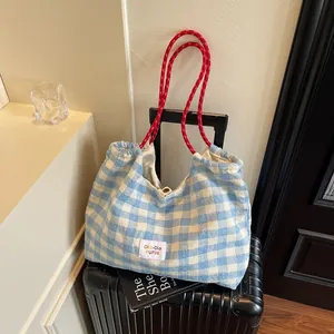 Damen Große Kapazität Gitter Segeltuch Tragetasche Geflochtener Seilgriff Lässige Tragbare Einzelschulterhandtasche Reisetasche
