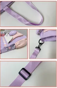 Détails du sac à dos scolaire en nylon violet et rose avec poche latérale et porte-clés