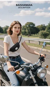 Outdoor lifestyle view of a black nylon crossbody fanny pack on a female motorcycle rider