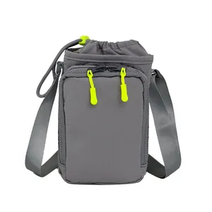 Graue Nylon Umhängetasche für Handy und Trinkflasche mit neon-grünen Details