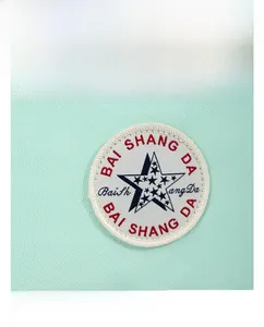 Detail of mint green canvas bag showing circular star embroidery and high-quality texture