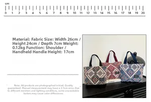 Ethnic pattern tote bag detail showing size 26x24x7cm and fabric material specifications