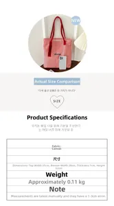 Size chart for striped canvas tote bag showing dimensions 35x32cm and fabric details