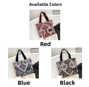 Detailed comparison of ethnic tote bags in red, blue, and black geometric canvas patterns