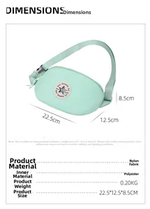 Size chart for nylon crossbody bag showing dimensions 22.5x12.5x8.5 cm and 0.2kg weight