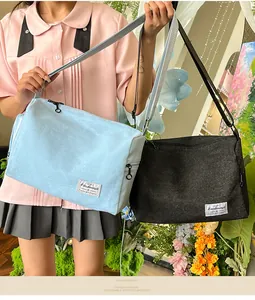 Detail showing high-capacity canvas shoulder bags in light blue and black textured fabric
