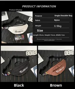 Detailed view of lightweight nylon crossbody bag showing 35x15x7cm dimensions and colors