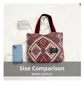 Size comparison of ethnic woven tote bag with geometric patterns and broad handles