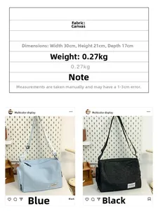 Detailed size chart and view of blue and black canvas crossbody bags showing dimensions