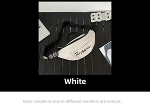 Close-up of white unisex crossbody chest bag with black TANBRNU lettering and adjustable strap