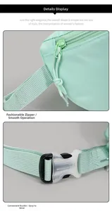 Detail of smooth mint green canvas zipper and convenient plastic buckle on the crossbody bag