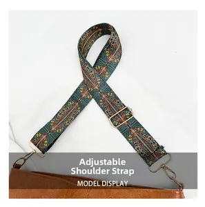 Detail of adjustable retro ethnic print shoulder strap with gold metal buckle