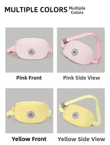Detail view of pink and yellow casual canvas waist bags with star logo and adjustable straps