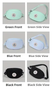 Three-color nylon waist bags in mint green, light blue, and black with durable buckles