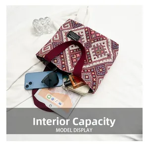 Internal capacity of ethnic tote bag showing phone, tablet, and daily essentials