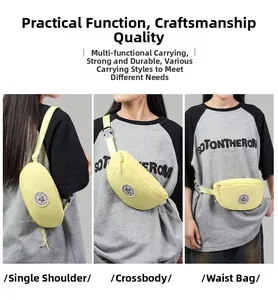 Three-way view showing the pale yellow crossbody bag as a shoulder, chest, and waist pack