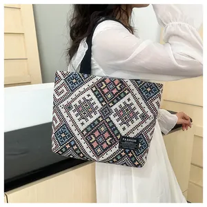 Detailed view of bohemian tote bag featuring ethnic geometric patterns and woven texture