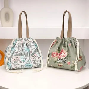 Sacs à lunch japonais en toile avec cordon de serrage, thème Paris et motifs roses