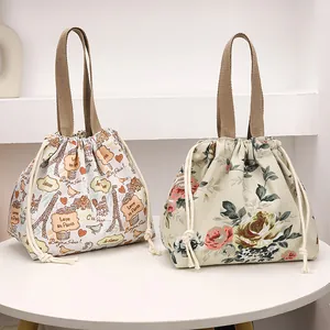 Sacs en toile à motifs floraux et Paris avec cordon de serrage et poignées tressées