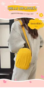 Detail view of yellow nylon crossbody phone bag showing texture and adjustable strap