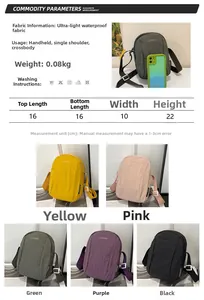 Size chart for lightweight waterproof nylon crossbody bag showing 16x10x22cm dimensions