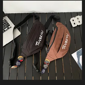 Outdoor leisure waist bags in black and brown featuring adjustable straps and vintage badges