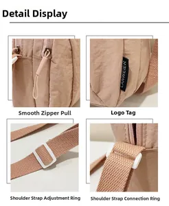 Detail view of smooth zipper, brand tag, and adjustable strap buckle on nylon crossbody bag