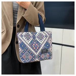 Detailed shot of ethnic woven tote bag with geometric patterns and fashion instinct label
