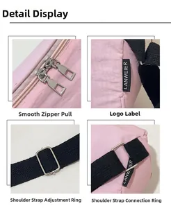 Detailed views of pink nylon saddle bag with dual silver zippers and adjustable strap