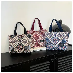Three ethnic tote bags with geometric patterns and Fashion Instinct labels on display