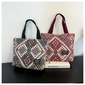 Detailed macro view of woven canvas tote bags with ethnic geometric patterns and handles