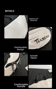 Detail of waterproof fabric, smooth double zippers, and fashion print on a white sling bag