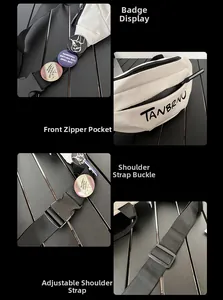 Detail view of the white chest bag with adjustable strap and decorative badges