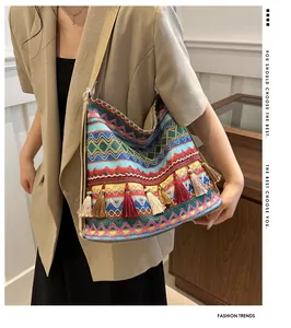 Close-up of bohemian woven tote bag with colorful geometric patterns and long tassel detail