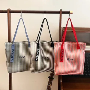 Women Large Capacity Striped Canvas Tote Bag Korean Style Shoulder Commuter Handbag With Letter Embroidery Contrast Straps