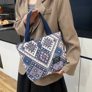 Ethnic style woven tote bag with geometric patterns and large capacity for women