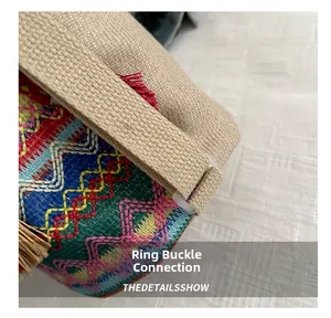 Detail of ethnic embroidery pattern with transparent ring connector and burlap strap