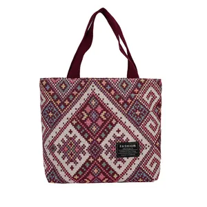Large ethnic canvas tote bag with red burgundy geometric weave and durable handles