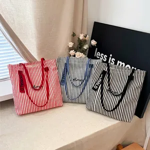 Striped canvas tote bag for women with minimalist large capacity and handle lettering