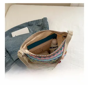 Detail view of ethnic woven crossbody bag showing large capacity with colorful tassels