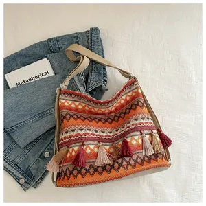 Detailed view of bohemian tote with geometric patterns, fringe trim and woven texture