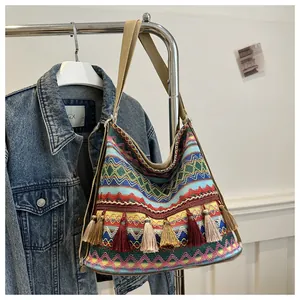 Detail of bohemian woven bag featuring colorful geometric patterns and cotton tassels