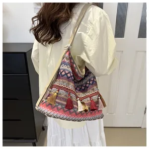 Close-up of bohemian shoulder bag featuring colorful geometric patterns and tassels