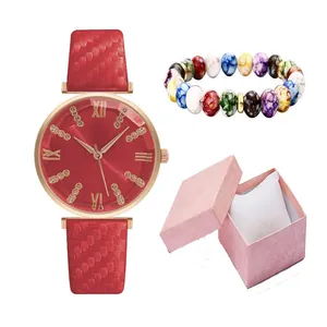 Orologio quarzo donna con quadrante rosso e strass più bracciale di perline abbinato