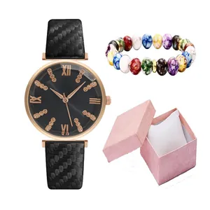 Orologio al quarzo da donna con cinturino nero e braccialetto in scatola regalo rosa
