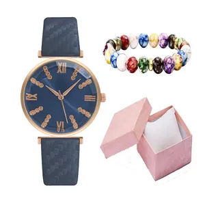 Orologio al quarzo in pelle blu con numeri romani, bracciale di perle e scatola regalo rosa