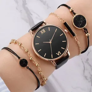 Women Fashion Quartz Watch With Matching Bracelets Round Alloy Case Minimalist Roman Numerals Dial PU Leather Strap Accessories