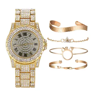Luxury gold women's quartz watch five-piece jewelry set with crystal-set bracelets