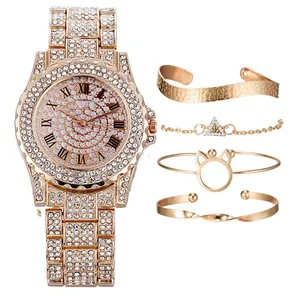 Luxury Alloy Full Rhinestone Women Quartz Watch Set With Matching Bracelets Roman Numerals Fashion Ladies Metal Wristwatch Gift