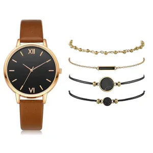 Women's quartz watch and bracelet set with brown PU strap and gold beaded chains